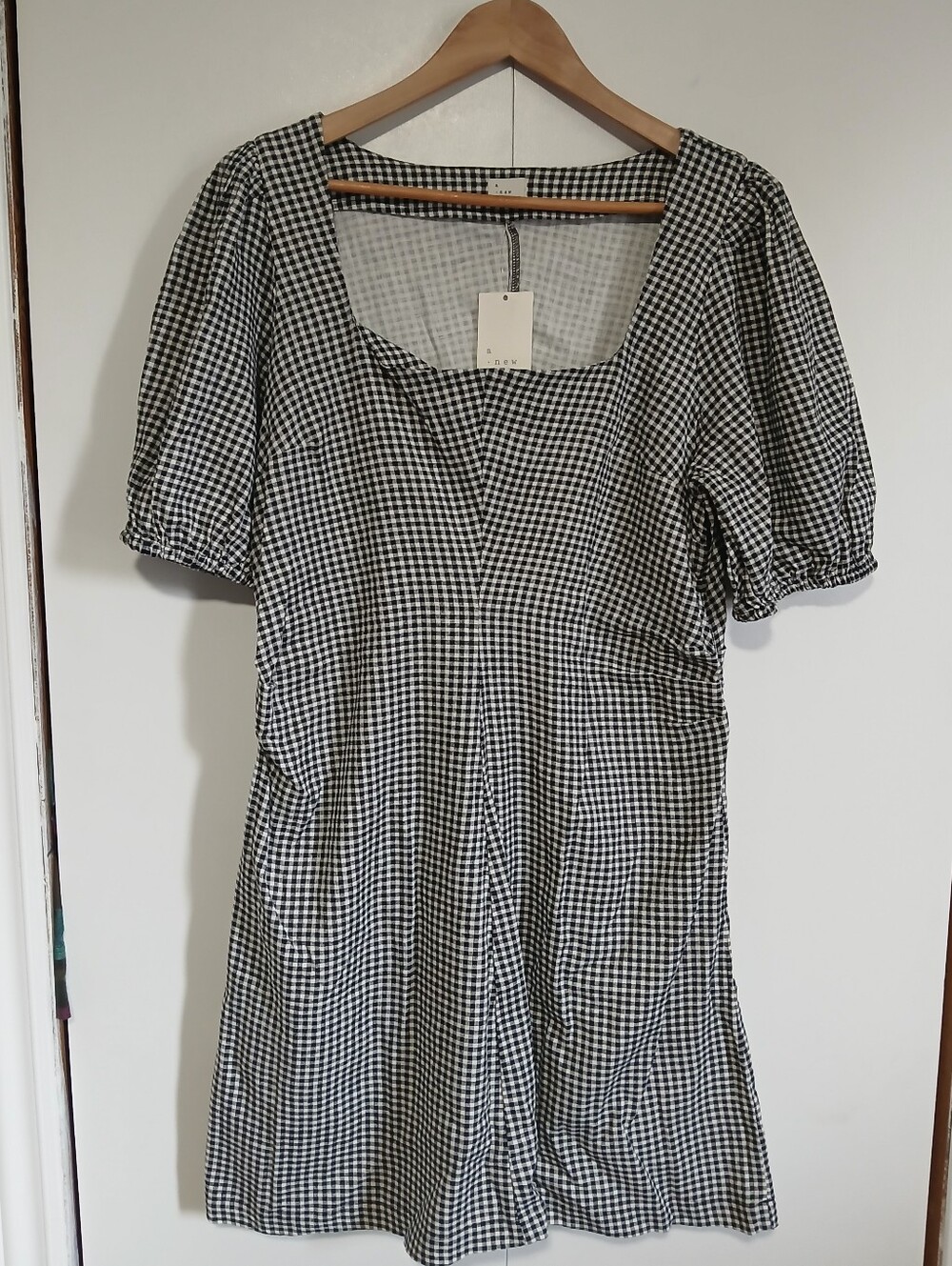 ​NWT A New Day Gingham Linen Blend Puff Sleeve Mini Dress 14 Ruched Sweetheart